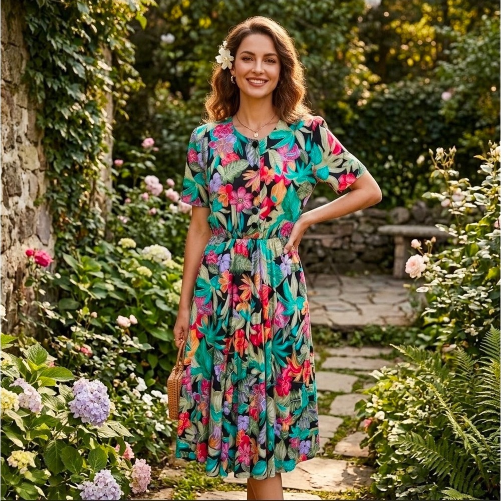 Alison J Vintage Floral Maxi Dress Short Sleeve Tropical Botanical Green Size 6